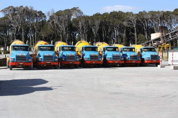 Mack Metro-liners - concrete agitators lined up at Allied Concretes Invercargill depot, New-Zealand 